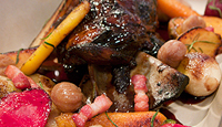 Slow Cooked Lamb Shoulder with Tempranillo, Organic Root Vegetables and Chestnuts